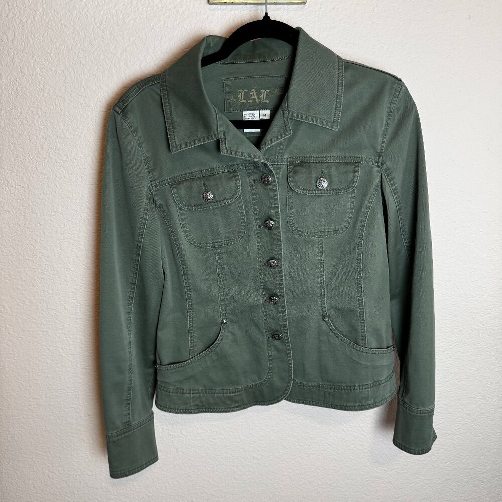 Military Style Gorpcore Y2K Aesthetic LAL Button Front Jacket Green Med